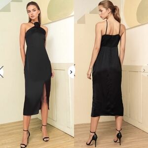 New Yumi Kim Honey Satin Rosette Halter Spaghetti Strap Midi Sheath Dress